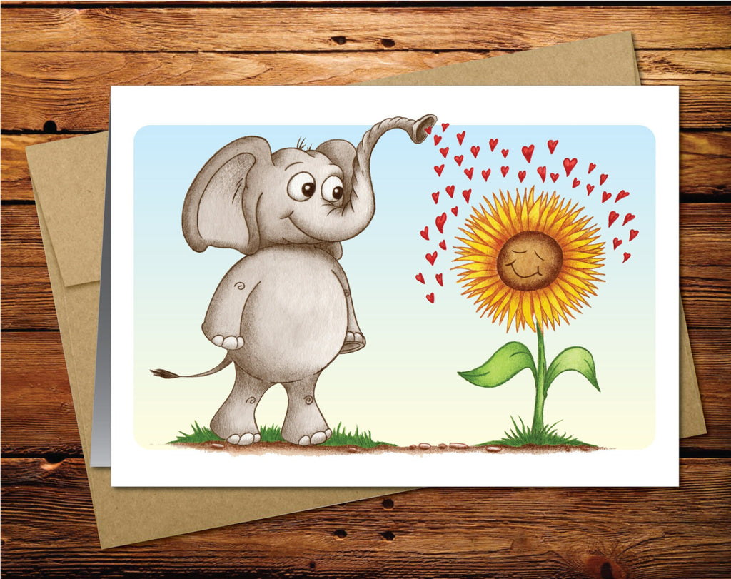 Elephant Sunflower Blank Greeting Card