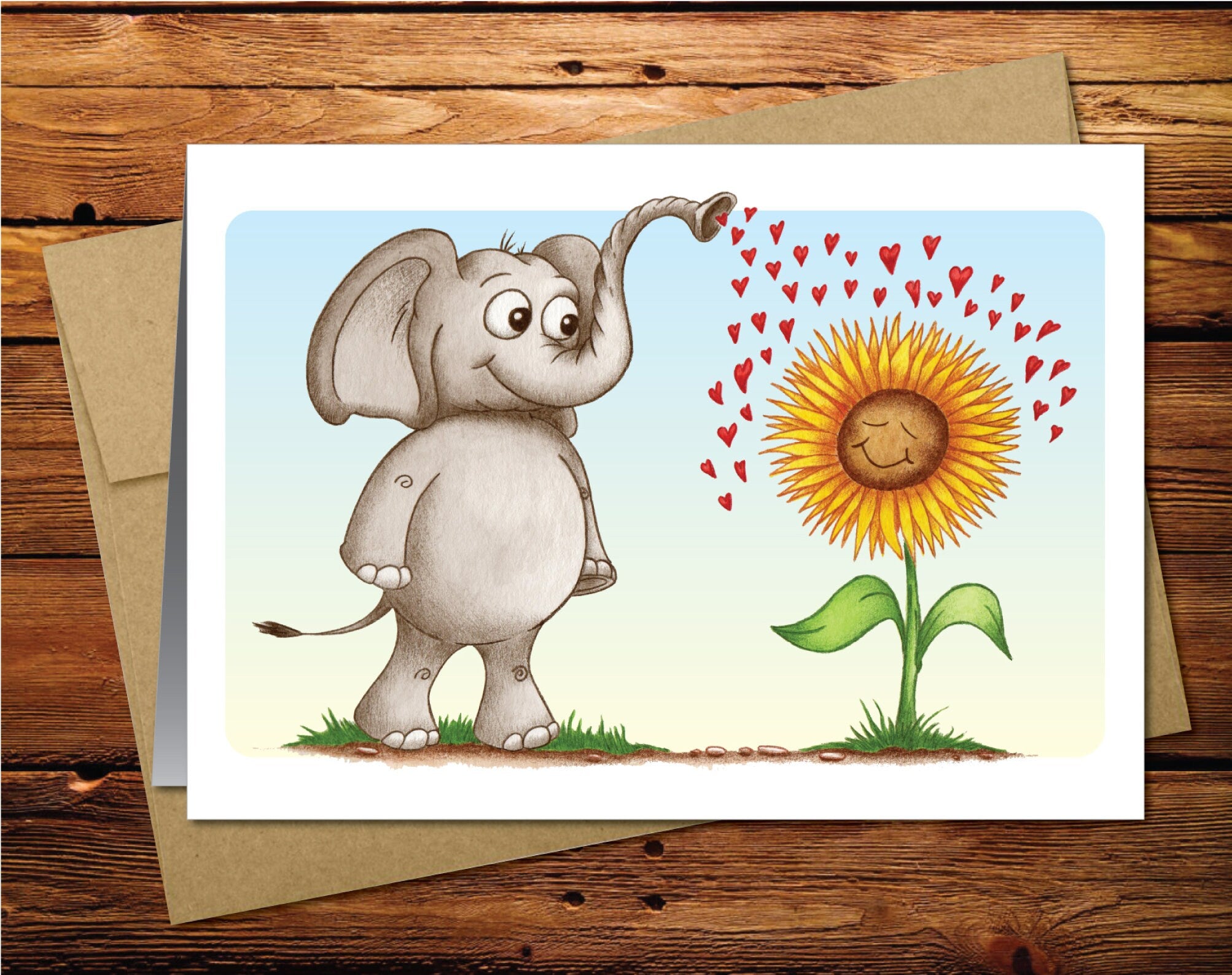 Elephant Sunflower Blank Greeting Card
